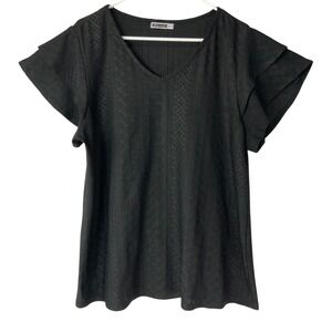 Kikula Black Eyelet Top XL Pullover V-Neck Short Ruffle Sleeve Geometric Stretch